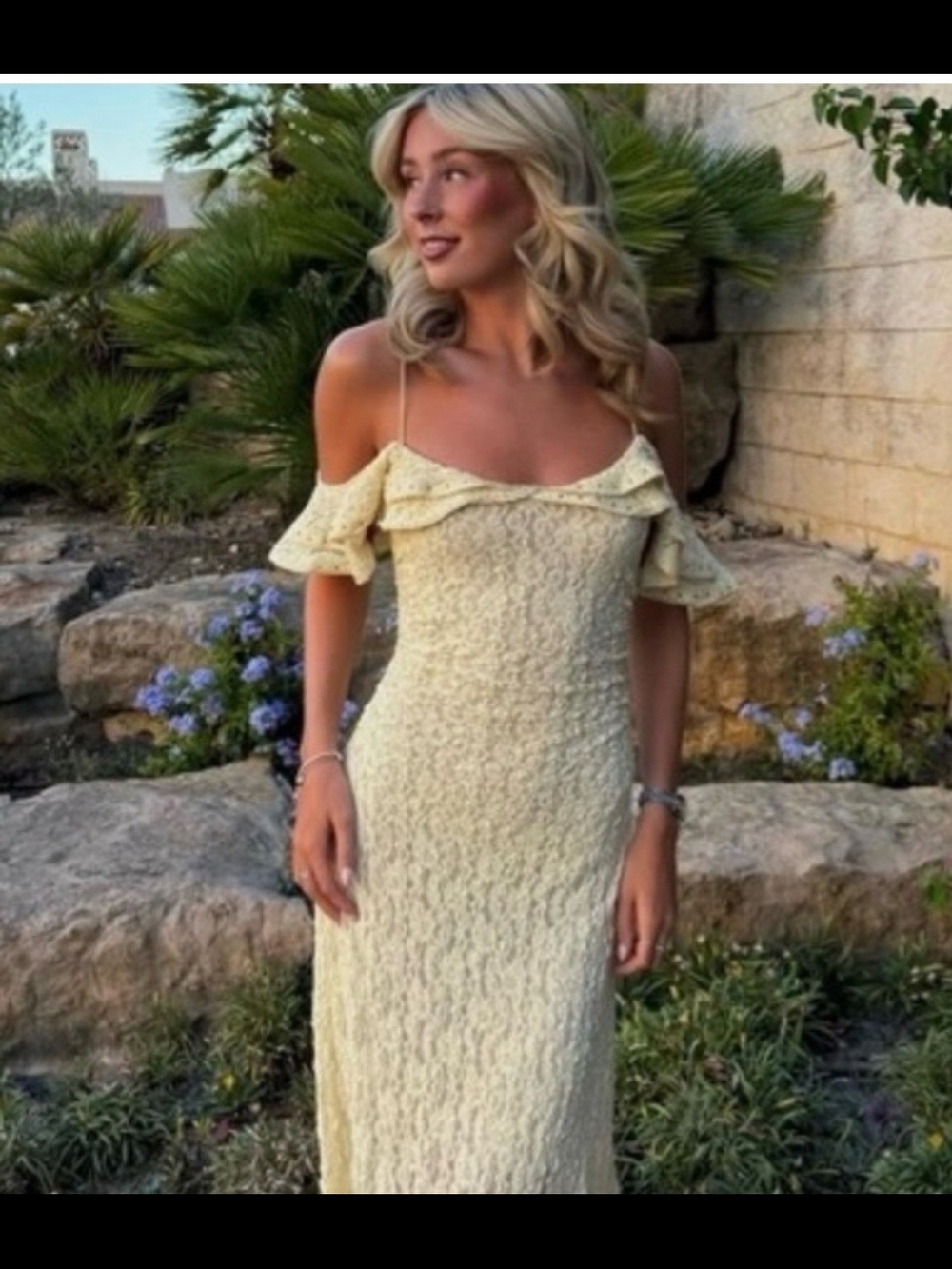 Zara Pale Yellow Lace Asymmetrical Off-Shoulder Maxi